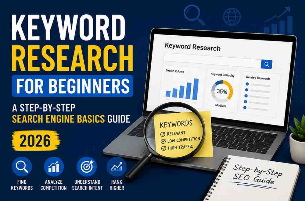Keyword Research for Beginners step-by-step guide showing keyword analysis, search volume, competition research